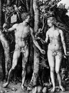 Gravura de Adão e Eva olhando-se